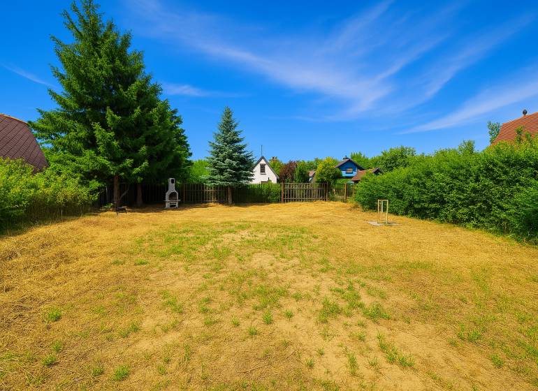 A spacious garden in Lozorno with a grill, bordered by tall trees and a wooden fence.