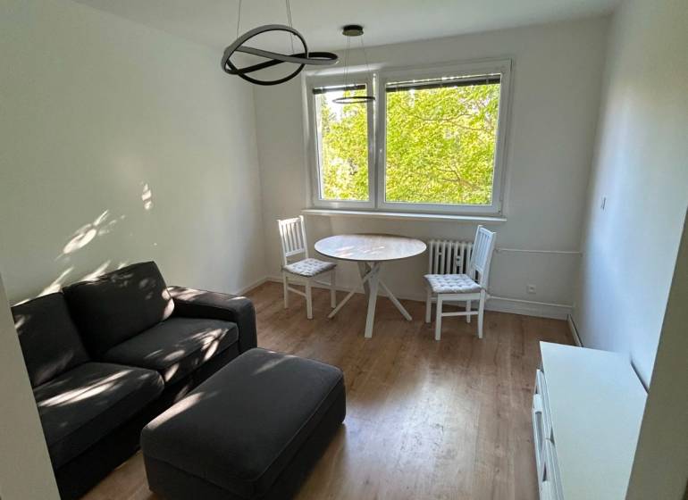 A bright living room with a sofa and a dining table in a two-room apartment.