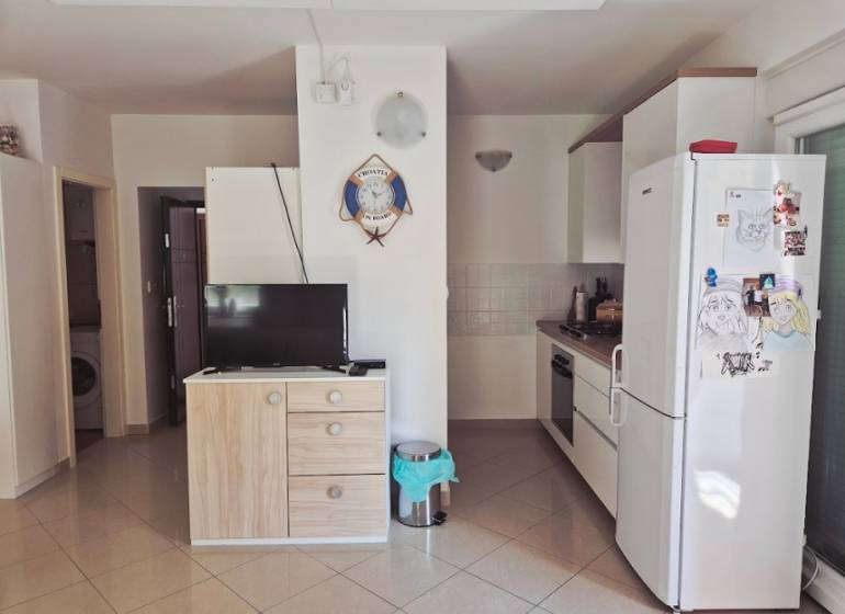 A kitchen in a 2-room apartment with appliances, a wardrobe, a television, and wall decorations.