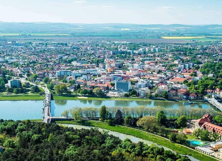 Aerial view of Piešťany with an offer for a 1-bedroom apartment.