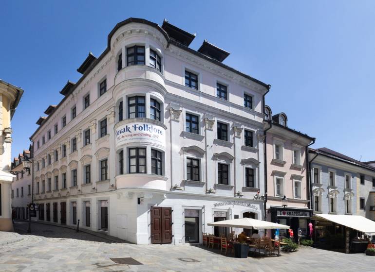 Buildings and restaurants on Michalská Street in Bratislava - Old Town.