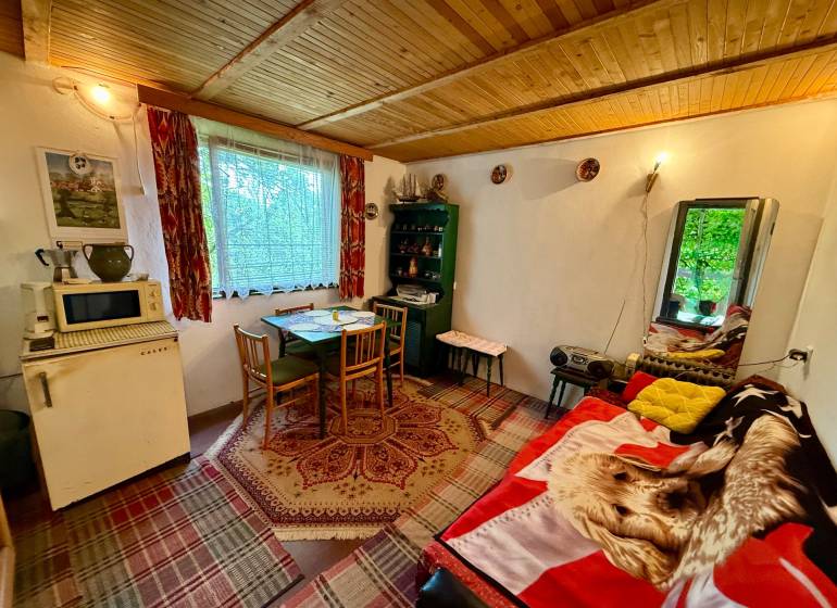 In a cabin with a wooden ceiling, there is a table, chairs, and an antique refrigerator.