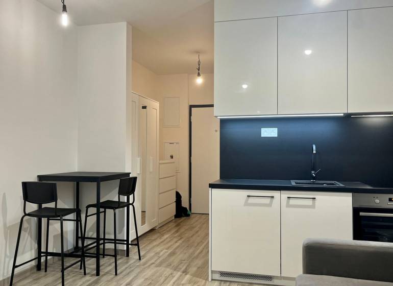 A kitchen in a studio apartment with minimalist equipment and a dining nook.