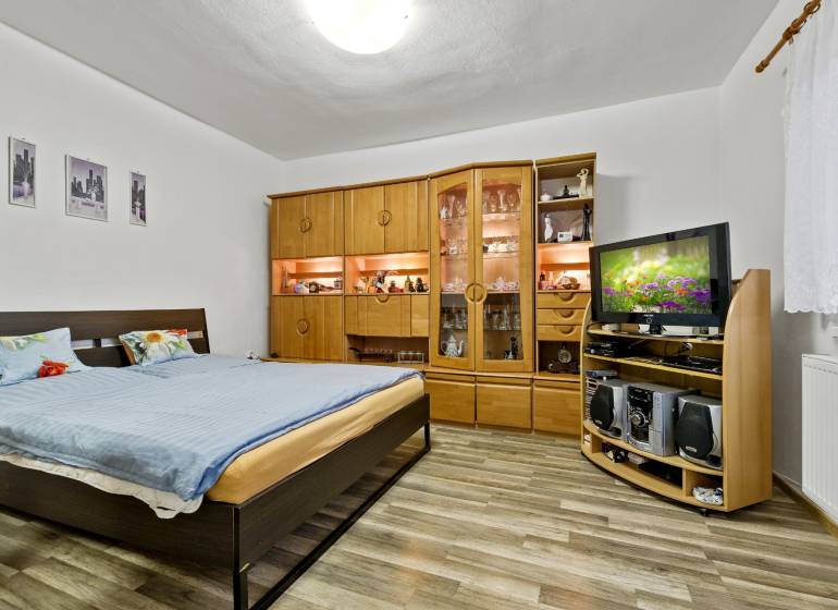 Bedroom with a double bed, wooden living room wall unit, and television in a two-room apartment.