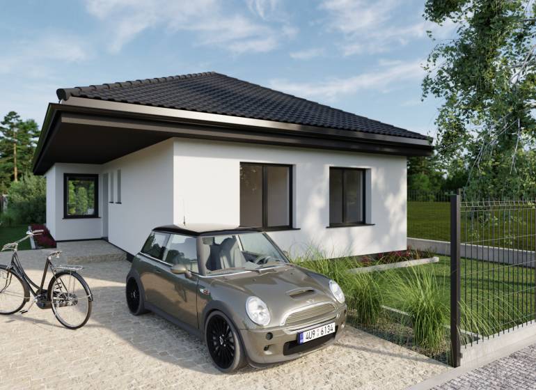 A family house with a car and a bicycle is located on Pánska Niva Street, modern design.