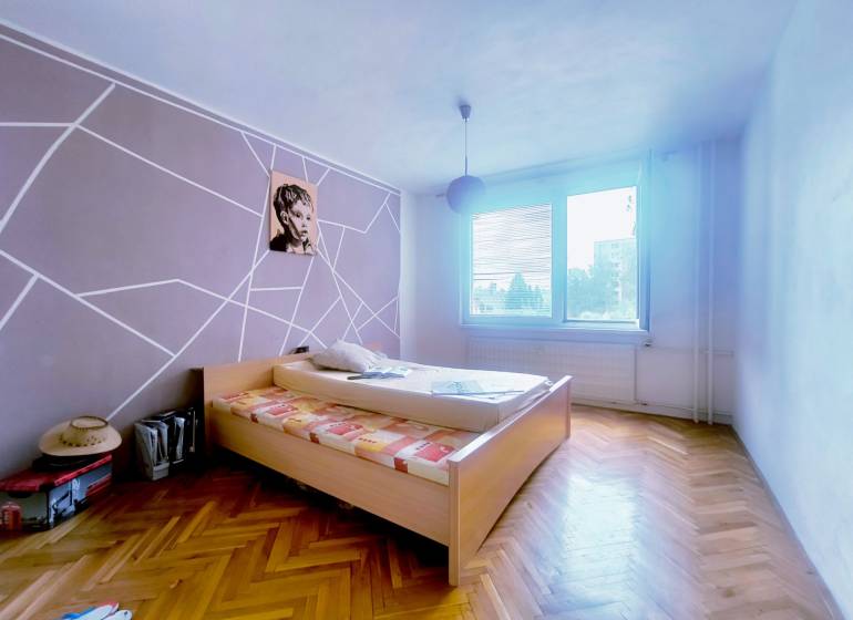 A bedroom in a 3-room apartment with wooden flooring and striking wall decoration.