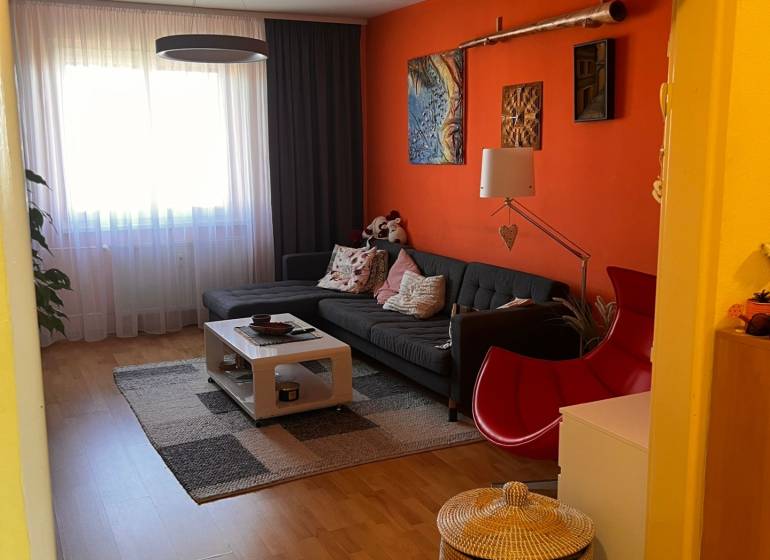 Living room of a 3-room apartment with an orange wall, a sofa, and a coffee table.