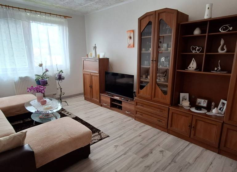Living room in a 3-room apartment with a sofa, cabinet, and television, light decoration.