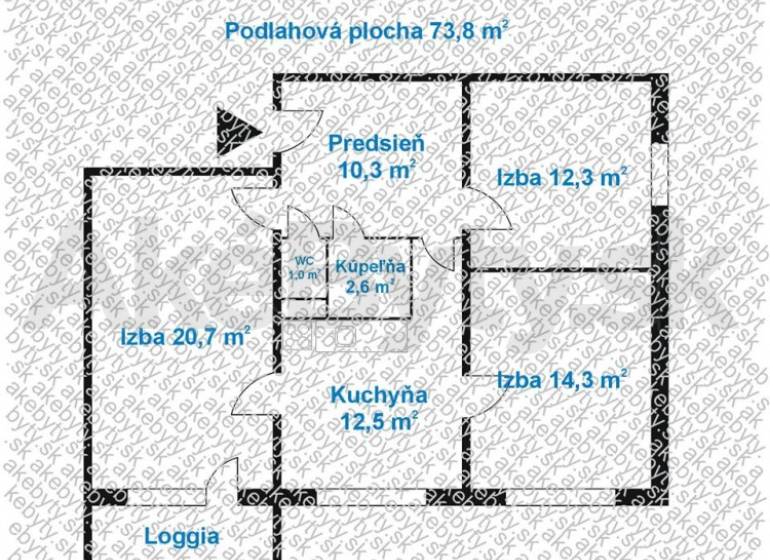 Layout of a 3-room apartment with a loggia, hallway, kitchen, bathroom, and toilet.