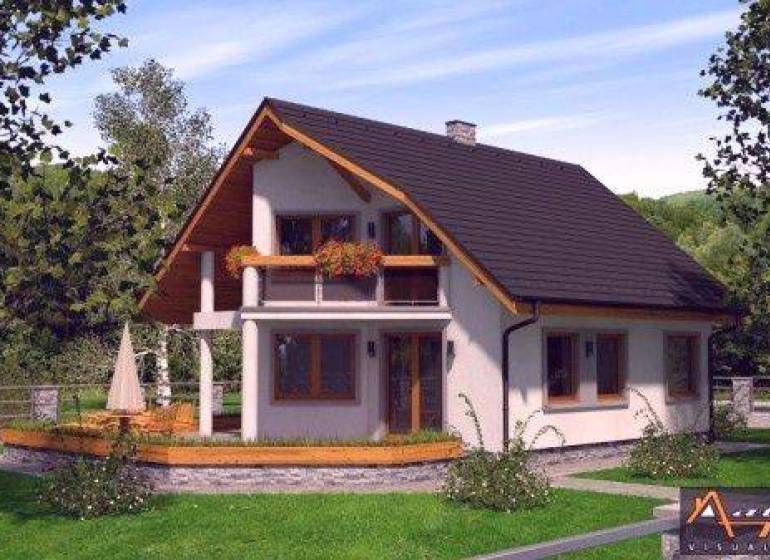 A family house in Humenné, surrounded by greenery with wooden natural details and a balcony.