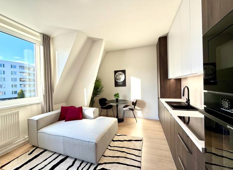Studio apartment with a bright living area, kitchenette, and dining table.