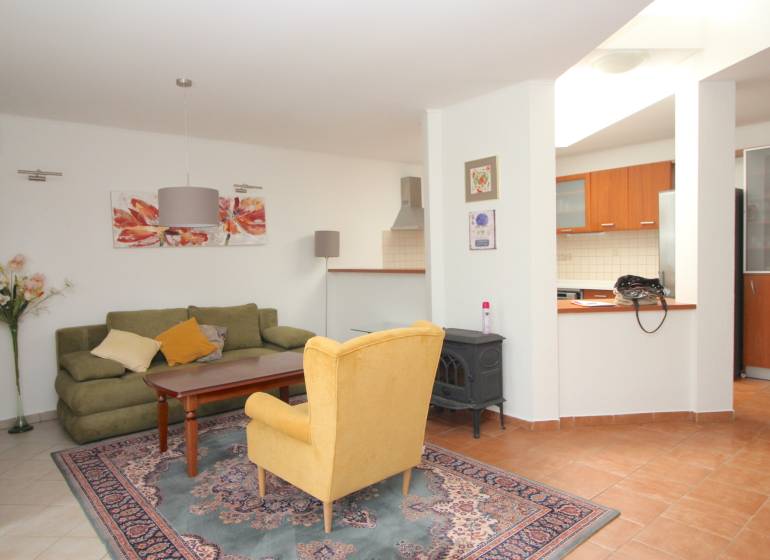 Living room with a carpet, green sofa, yellow armchair, and a kitchenette in a family house.