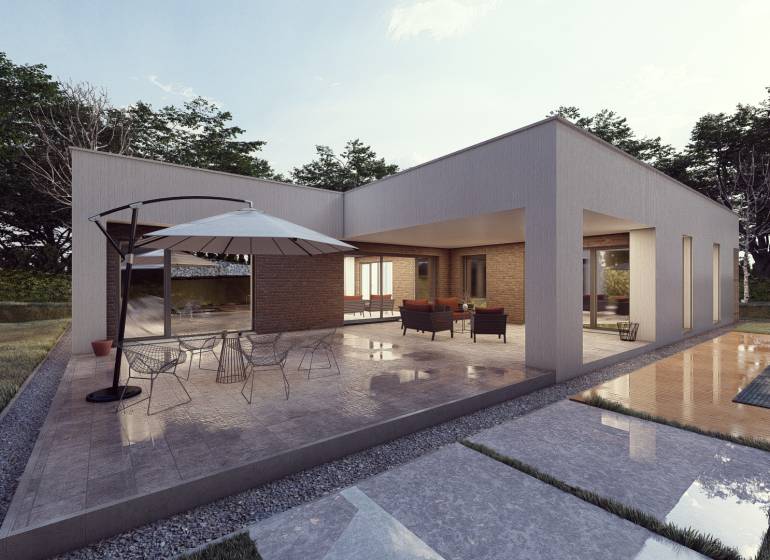 A family house in Trenčianske Jastrabie with a terrace, table, chairs, and a nearby pool.