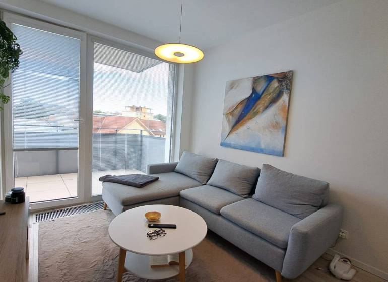 A comfortable living room with a corner sofa and art in a two-room apartment.