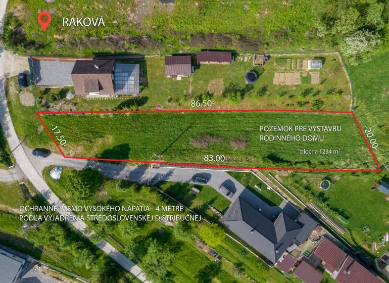 Aerial view of a residential plot in Raková, covering an area of 1234 m².
