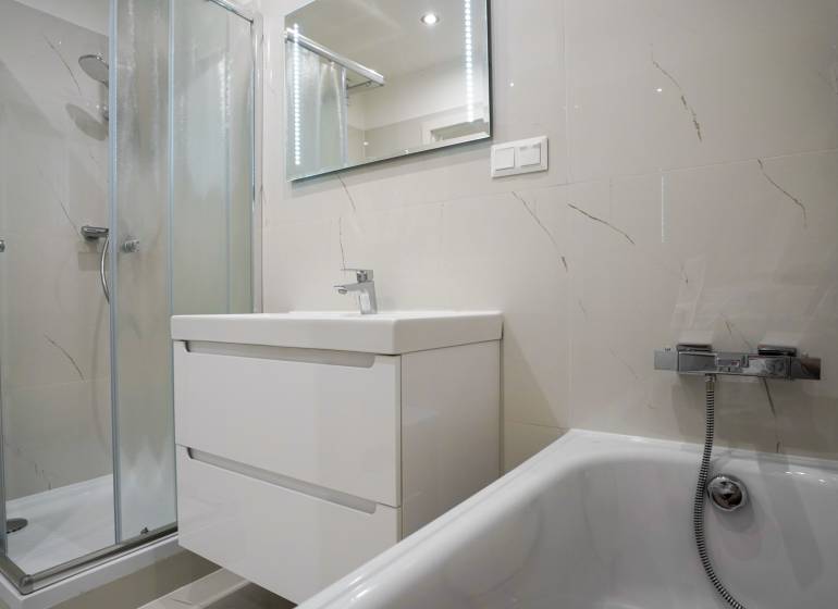 The bathroom in the 2-room apartment has a shower, a sink, and a bathtub.