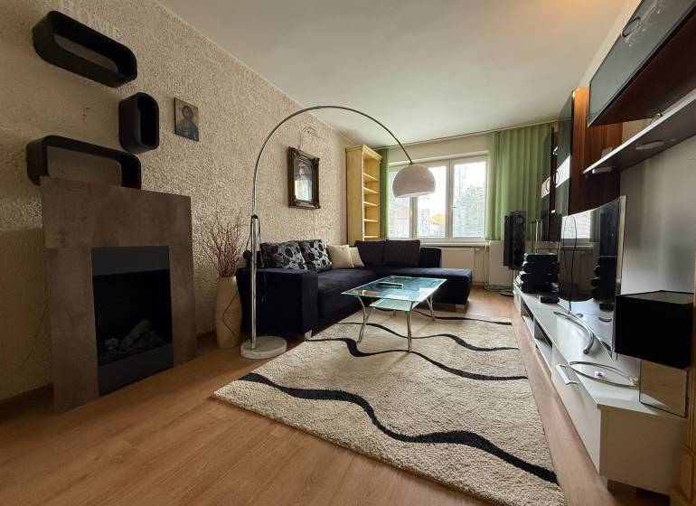 Living room in a two-room apartment with a sofa, fireplace, and television.