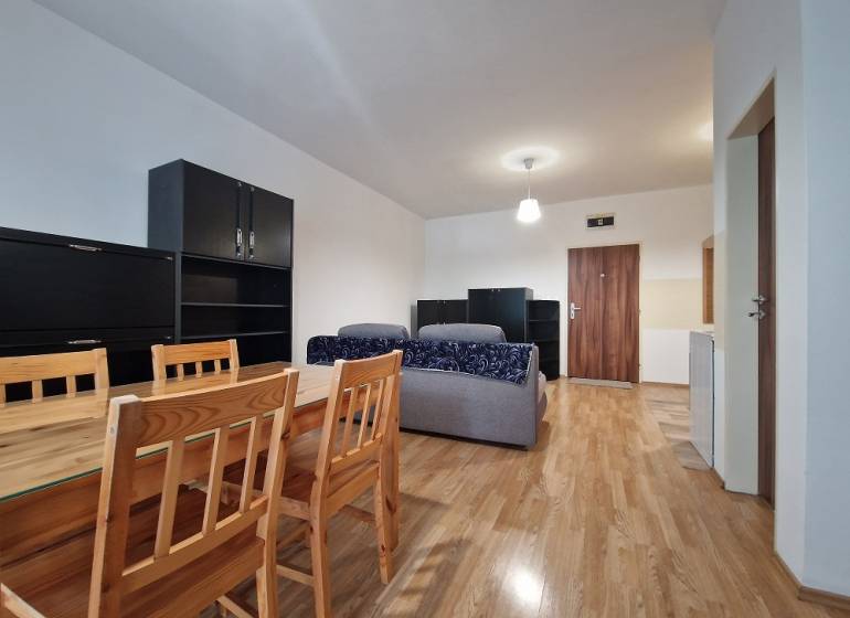 Interior of a 1-room apartment with a wooden table, sofa, and cabinets.