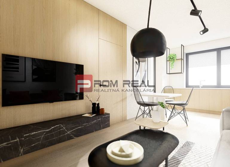 Living room of a two-room apartment with a television, dining table, and wooden details.
