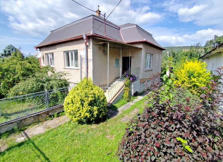 A family house in Veľký Šariš with a garden and driveway, surrounded by greenery.