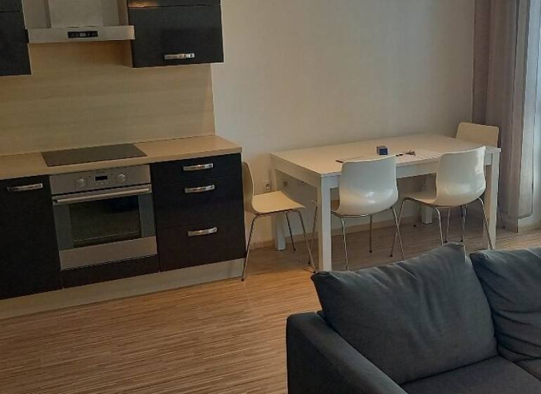 Kitchen and living room in a 2-room apartment with a modern kitchen unit and dining table.