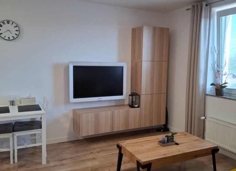 Living room with wood-patterned flooring, yellow sofa, and wall-mounted television in a two-room apartment.