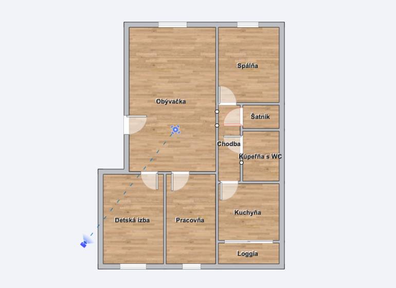 Floor plan of a 4-room apartment with rooms: living room, bedroom, kitchen, children's room.