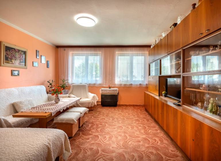 Living room in a 3-room apartment with a sofa, built-in wardrobe, and carpet.