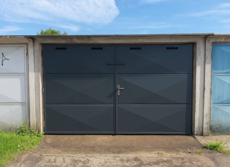 Garages on Legionárska Street in Trenčín with black and blue doors.