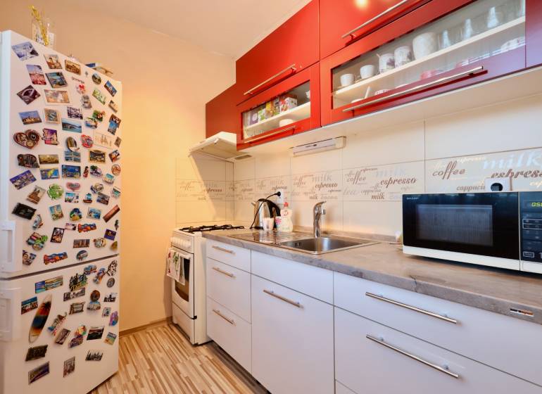 A kitchen with a white refrigerator, microwave, and red cabinets in a studio apartment.