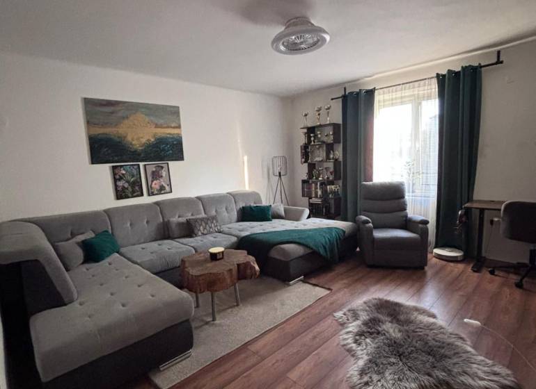 A living room with a comfortable sofa and a wooden decor floor in a two-room apartment.