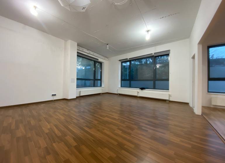Spacious commercial spaces with large windows and wood-patterned flooring.