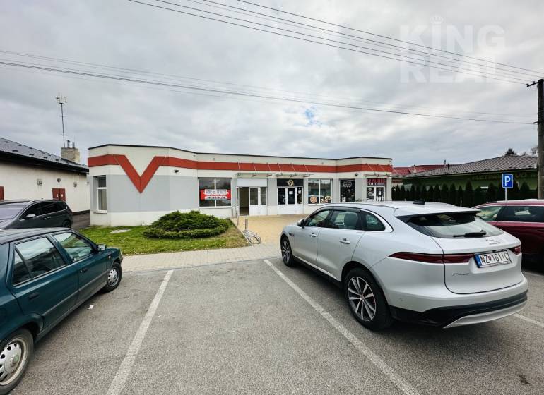 Commercial premises at Štefánikova 267 in Palárikovo with a parking lot and two cars.