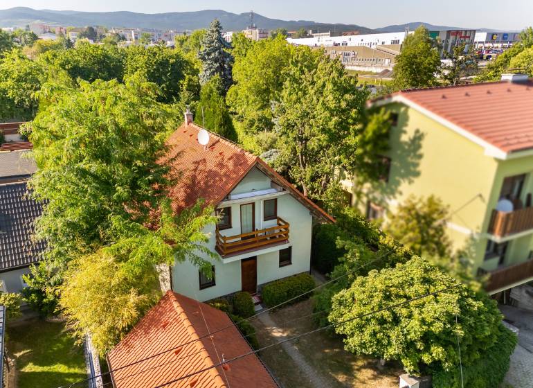 A family house on Senecká Street in Pezinok surrounded by greenery and neighboring buildings.