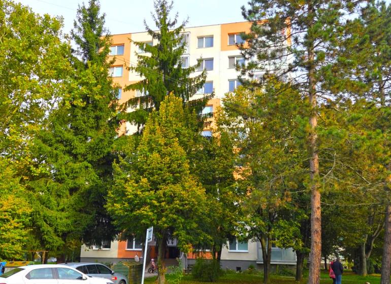 Apartment building among the trees on Trenčianska Street in Nová Dubnica.