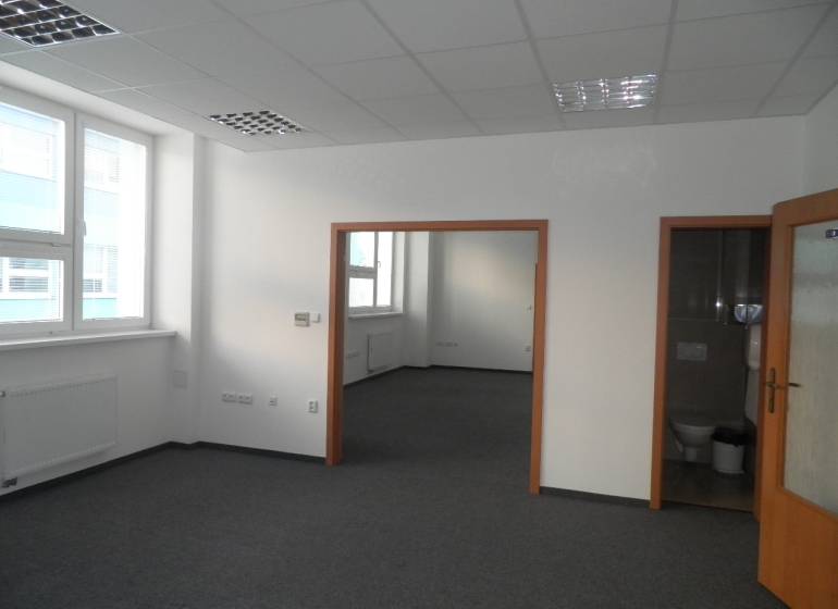 Office interior with carpeted floor, large windows, and access to a bathroom.