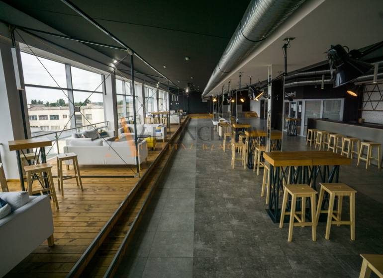 Stylish gastro spaces with wooden decor, modern furniture, and glass walls.