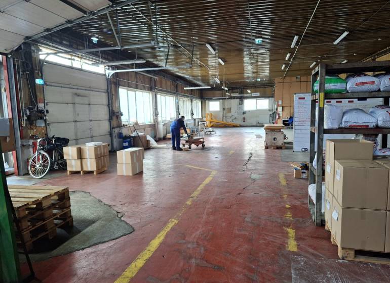 Interior of warehouses and halls with pallets, boxes, and stored materials.
