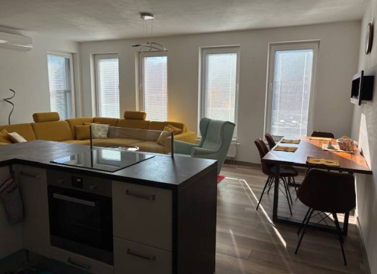 Kitchen and living room in a three-room apartment with wood-patterned flooring.