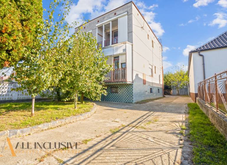 A family house in Veľká Mača with a rich garden and a paved access walkway.