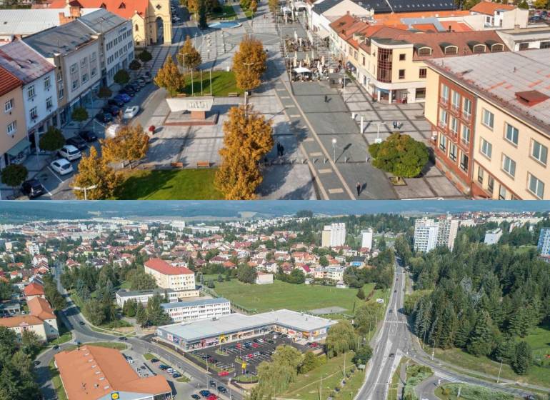Aerial view of the center of Zvolen and the surrounding infrastructure with shopping centers.
