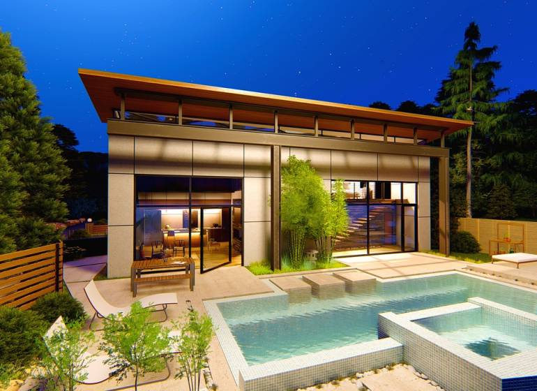 Night scene of a two-story house with a pool, suitable for plots - living in Vinné.