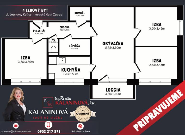 Floor plan of a 4-room apartment on Lesnícka Street, Košice - Západ district.