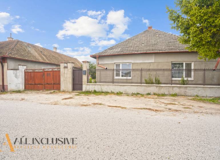 A family house in Dolné Saliby with a fence, a gate, and a tree nearby.