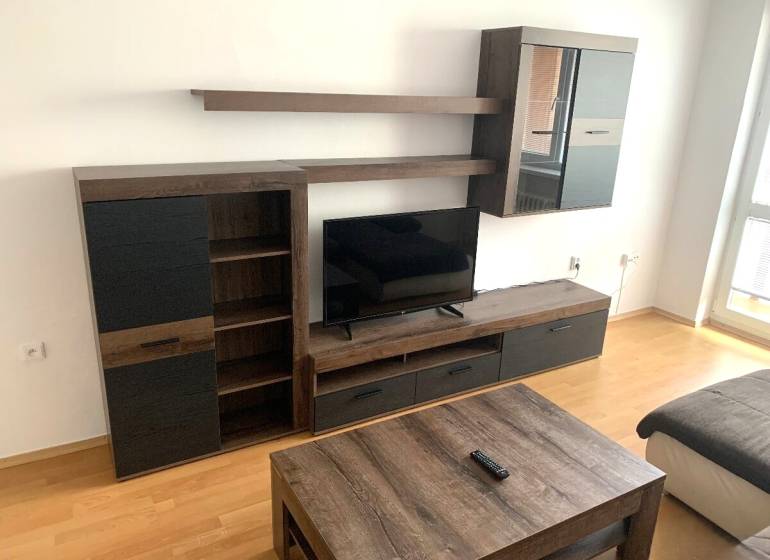 Living room with wooden furniture and wood-patterned flooring in a two-room apartment.