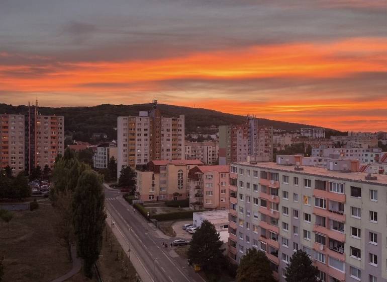 Sunset over apartment buildings in Bratislava - Dúbravka on Repašského Street.