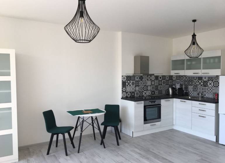 A kitchen in a studio apartment with a dining table and a wooden-patterned floor.