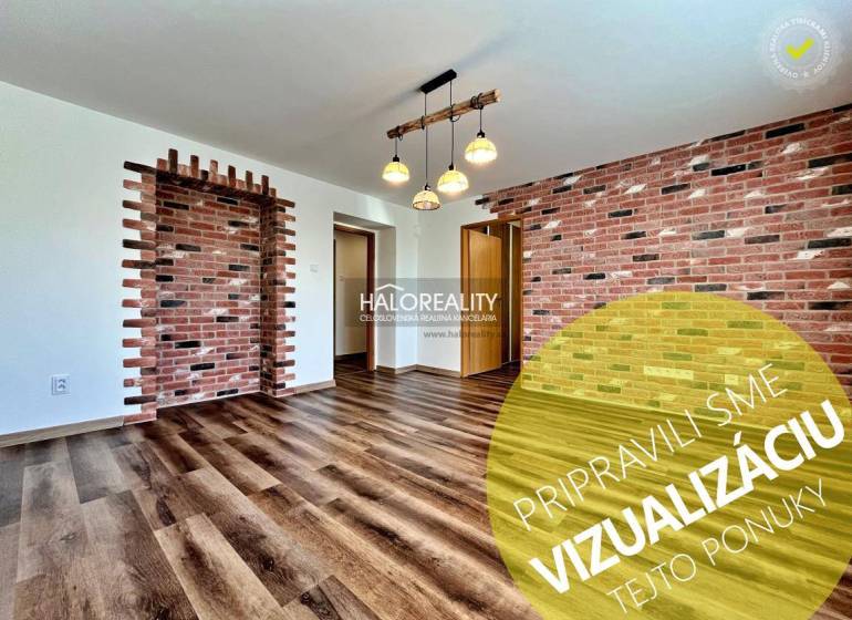 3-room apartment with brick cladding and wooden decor flooring.