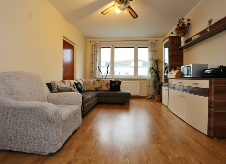 Living room with a sofa and cabinets, floor with wooden decor, 3-room apartment.