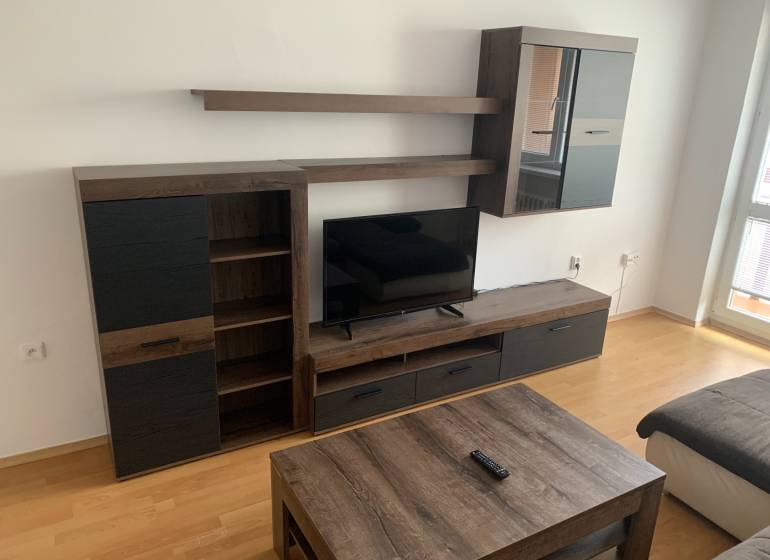 A living room with dark furniture and a wood-patterned floor in a two-room apartment.